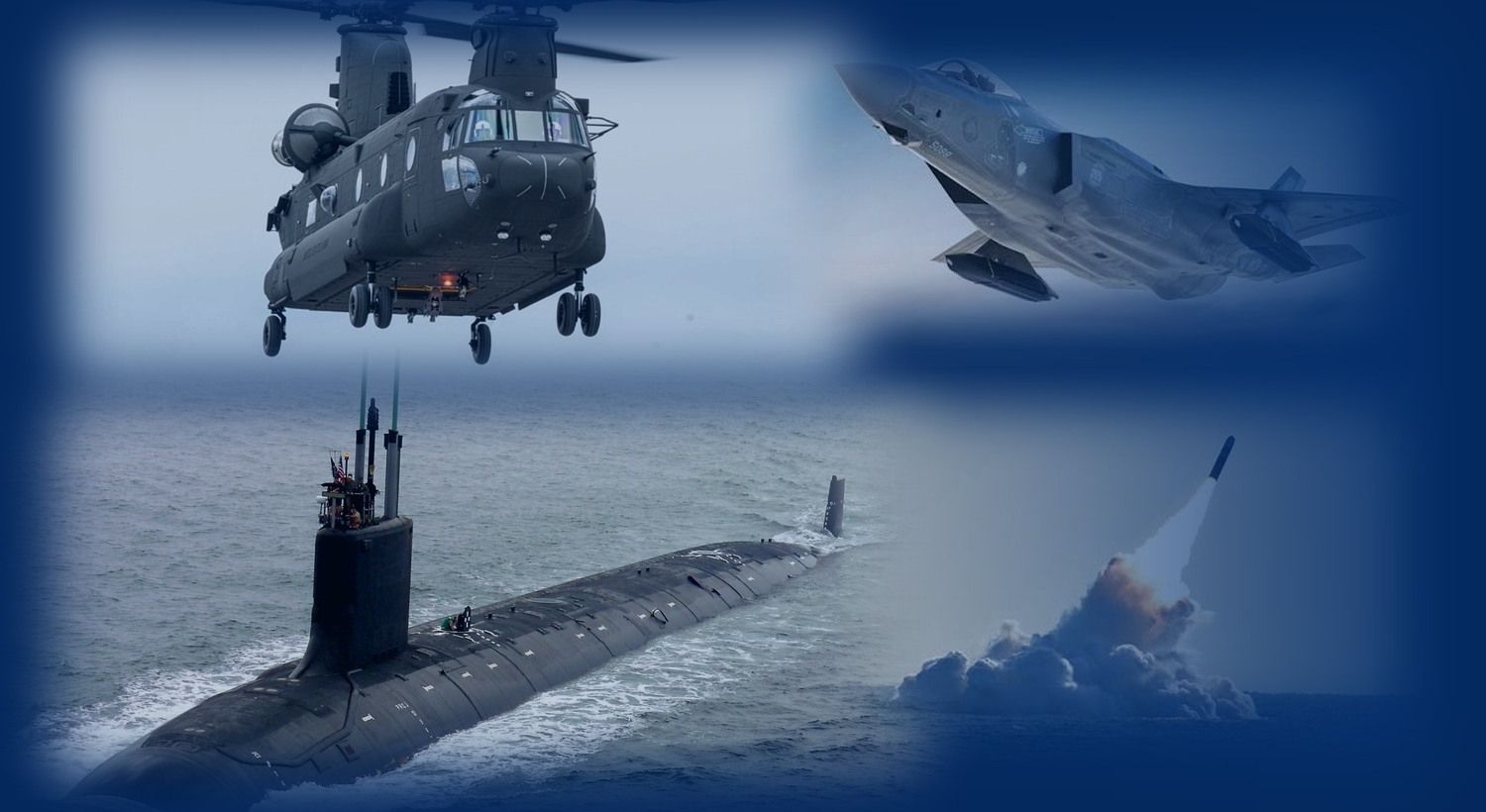 Aerospace and defense industry imagery including a helicopter, fighter aircraft, missile and submarine